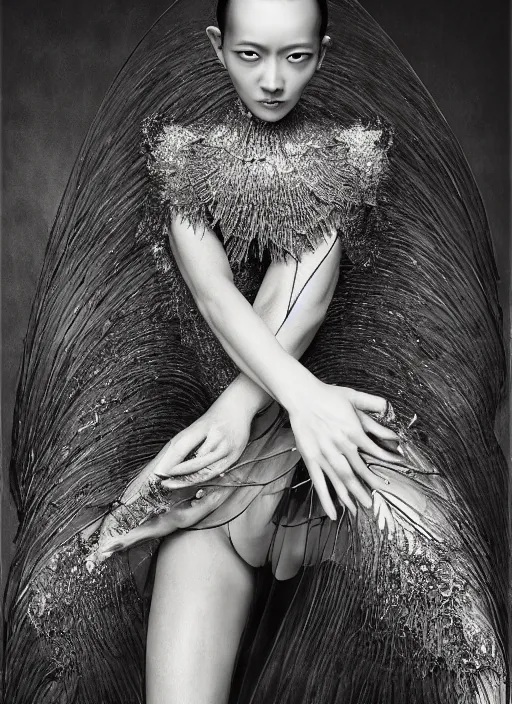 Image similar to a portrait of tessa kuragi by serge lutens, wearing iris van herpen outfit, photorealistic, intricate details, hyper realistic, photorealistic, canon r 3, photography, symmetrical features, symmetrical pose, wide angle shot, head to toe, standing pose, feet on the ground,