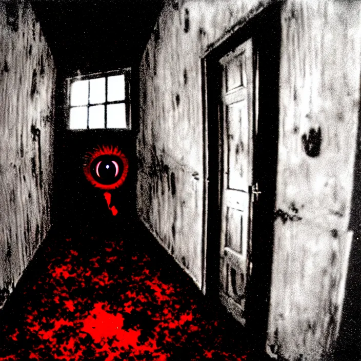 Prompt: unspeakable horrors, nightmare, horror, unknown, dark, liminal space, abandoned house, red eyes, 3 5 mm, found footage, cosmic horror, film shot