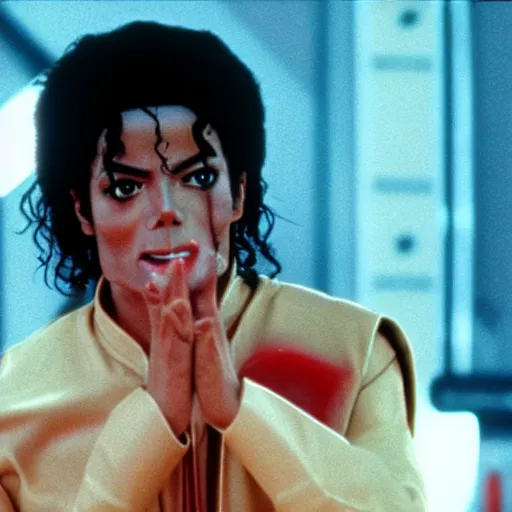 Image similar to a 80s film still of Michael Jackson as a Jedi in Star Wars, shallow depth of field, split lighting