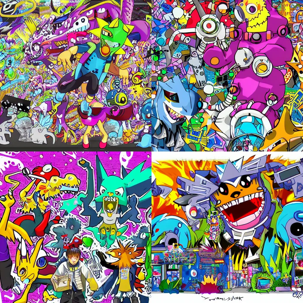 Prompt: digimon digital monsters in space, frenetic city, graffiti, colorful, messy