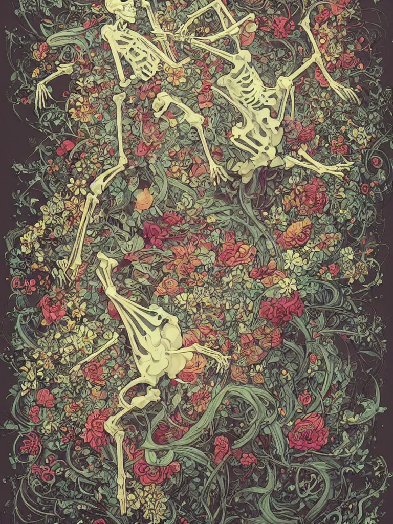 Image similar to a skeleton covered in flowers in a dynamic pose, art nouveau, james jean, peter mohrbacher, highly detailed, vivid lighting,