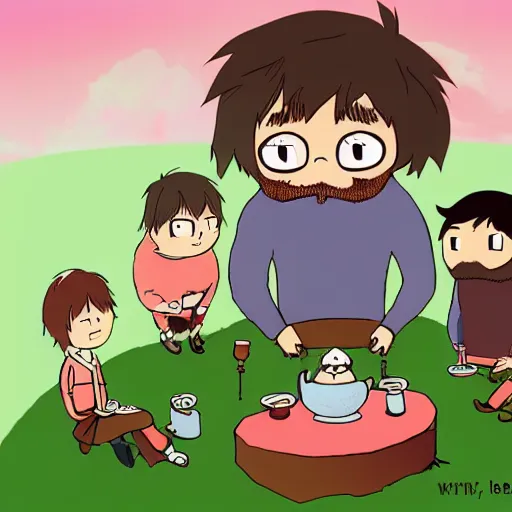 Image similar to small creatures having tea party in a humans beard. in a style of hayao miyazaki.