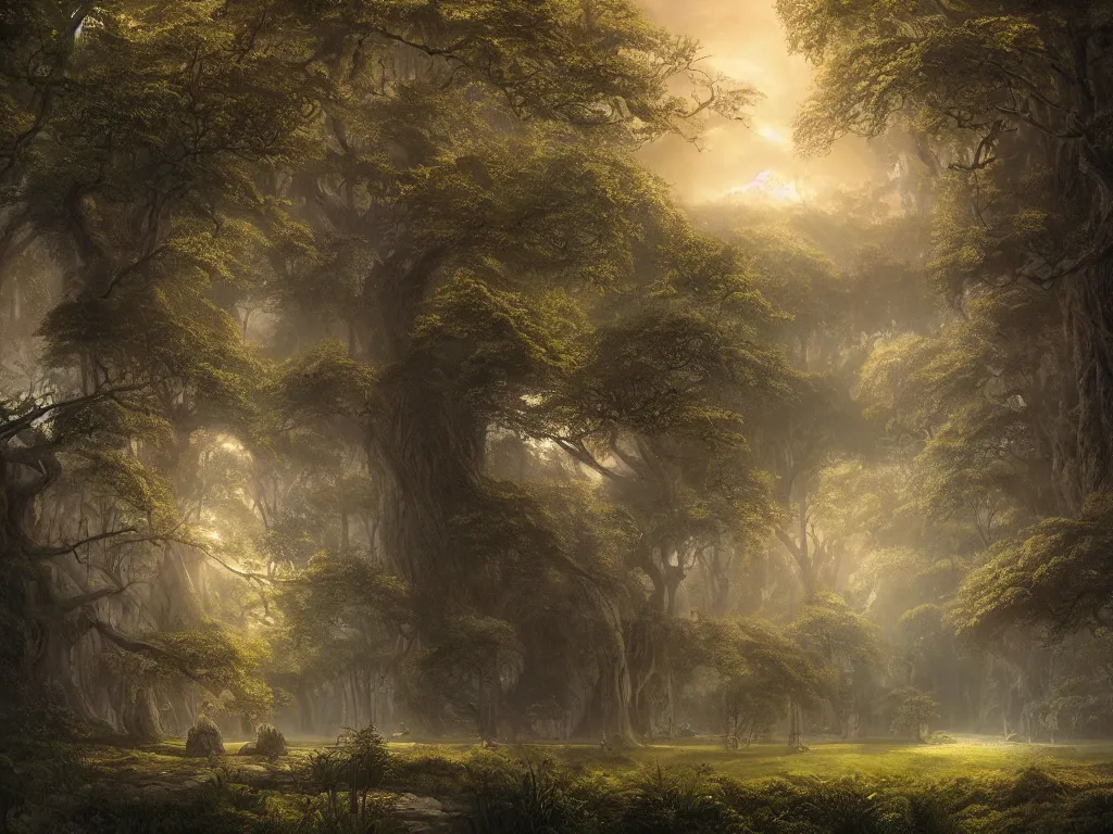 Image similar to Lothlórien in the evening, detailed matte painting, cinematic, Alan Lee, Artstation