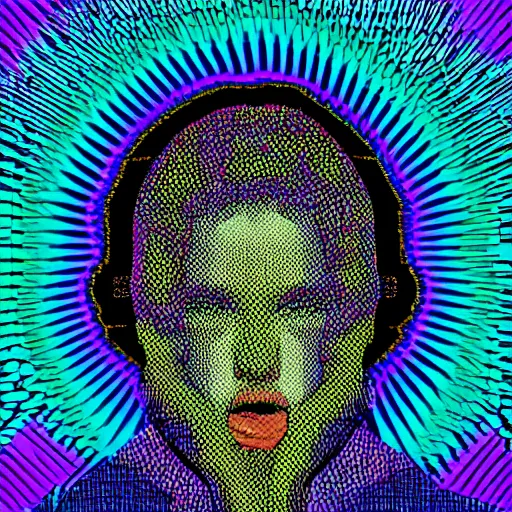Prompt: magazine photo of a dramatic psychedelic portrait, halftone texture