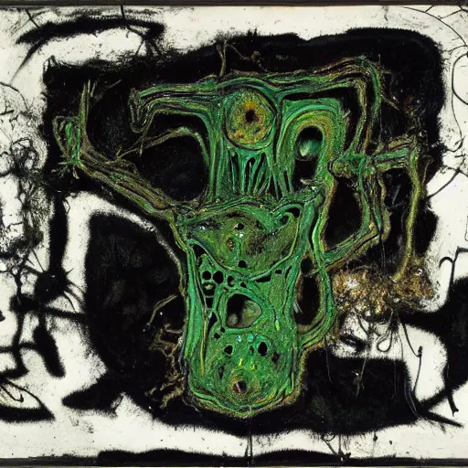 Image similar to a black and green biomechanical talisman of suffering, rotting, fungus, wings by maggi mcdonald, jackson pollock, mark rothko, sabina klein