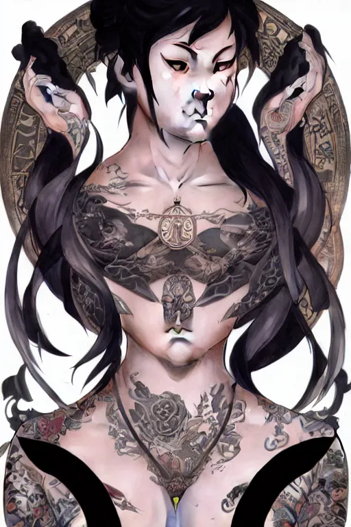 Image similar to portrait of goth Chun Li with yakuza tattoos, Street fighter, intricate, elegant, highly detailed, digital painting, artstation, concept art, smooth, sharp focus, illustration, art by artgerm and greg rutkowski and alphonse mucha and william-adolphe bouguereau