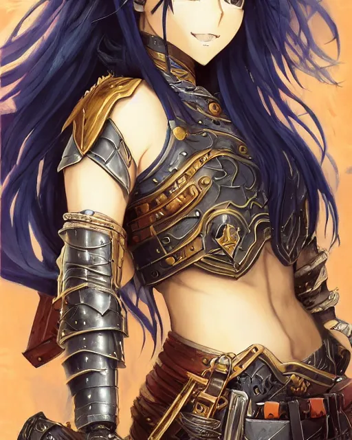 Image similar to An anime portrait of a beautiful D&D half-orc female with long wavy dark blue hair, bright orange eyes, intricate full body armour, fantasy soldier, by Stanley Artgerm Lau, WLOP, Rossdraws, James Jean, Andrei Riabovitchev, Marc Simonetti, and Sakimichan, highly detailed, ultra detailed, golden hour, trending on artstation, cgstudio