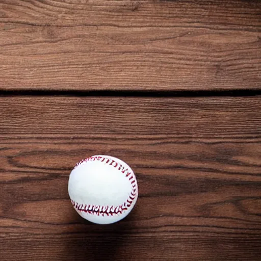 Image similar to a baseball and three tennis balls on a wooden table.