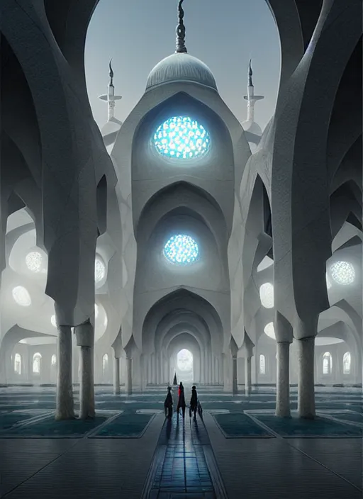 Image similar to epic futuristic mosque. highly detailed, digital painting, concept art, smooth, sharp focus, illustration, art by greg rutkowski