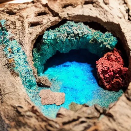 Prompt: photorealistic dinosaur skeleton inside a geode of colored crystals