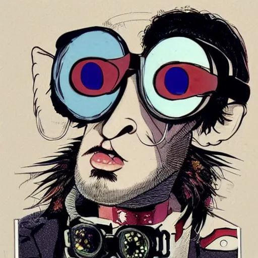 Image similar to a eccentric goth guy wearing goggles and eclectic jewelry, small details, aesthetic!!!, by jamie hewlett, jamie hewlett art,