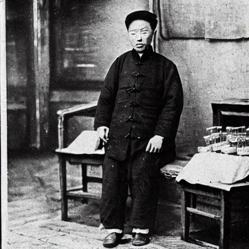 Image similar to Portrait of a 19th century Chinese man in an old traditional Chinese medicine store, 1900s photography