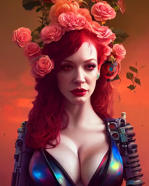 Prompt: portrait of christina hendricks with roses, cyberpunk cyborg. roses, sci - fi, intricate abstract upper body intricate artwork, by tooth wu, wlop, beeple, dan mumford. concept art, octane render, deviantart, greg rutkowski, cinematic arthouse, key art, hyper realism, iridescent accents