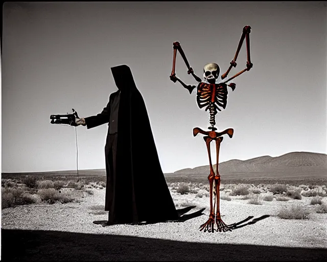 Image similar to by bruce davidson, by andrew boog faithfull redscale photography evocative. a beautiful kinetic sculpture of a skeleton creature, with a long black cape and a revolver standing in front of a desert mesa.