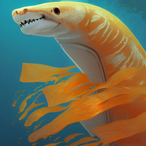 Image similar to orange and white traffic cone great white shark eyes and teeth teeth teeth teeth teeth, cute, beautiful, wide shot, underwater background detailed atmospheric - ron cheng & alphonse mucha, highly detailed, digital painting, ray tracing, concept art, illustration, smooth sharp focus, intricate, symmetry, artstation,