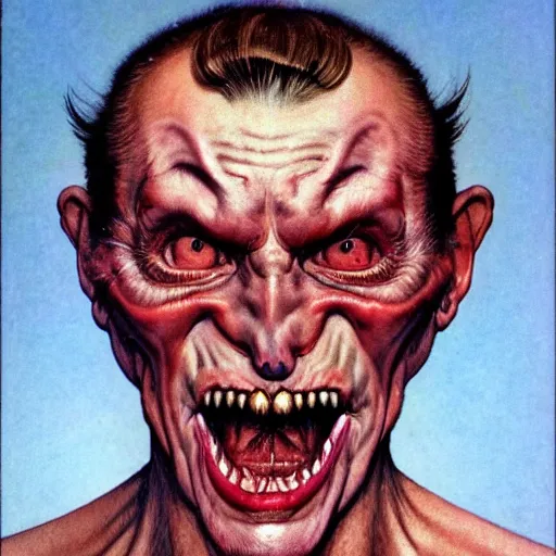 Image similar to upper body portrait of a demonic man with fish eyes, by norman rockwell and boris vallejo, artstation, concept creature character art