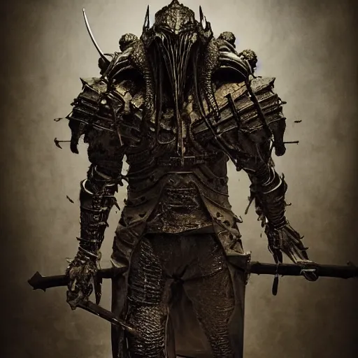 Image similar to “ a full - body portrait of victorian evil knight by emil melmoth, zdzislaw beksinski, craig mullins, yoji shinkawa, cross, artstation, pete morbacher, hyper detailed, cthulhu samurai armor, golden decoratived jaw armor, very detailed, artstation, rendering by octane, unreal engine, spaceship interior background. ”