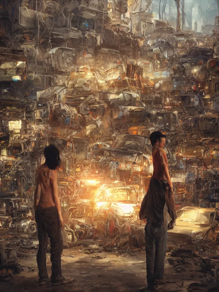 Image similar to concept art of a humanoid standing in a junkyard, back - view, technology screens glowing, hyper maximalist, matte painting, ultra detail, concept art, hyper realistic, photorealistic, cgsociety, hyper maximalist, artstation, cgsociety, style by jon foster and feng zhu and tyler edlin, octane render, anime style