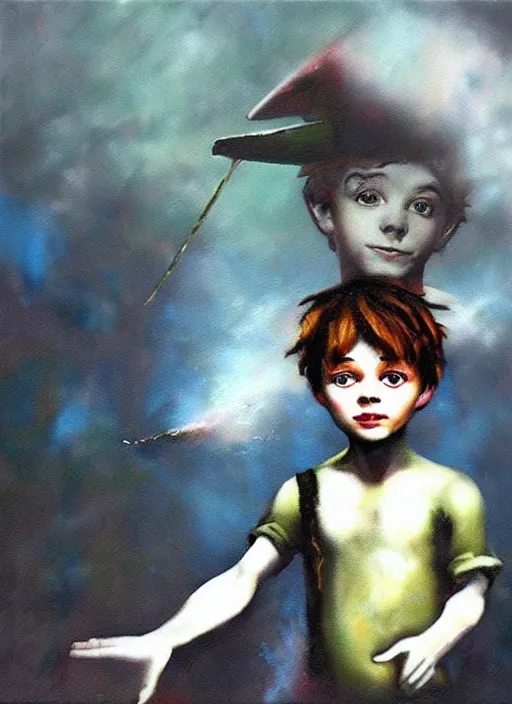 Image similar to lifelike oil painting portrait of peter pan by banksy