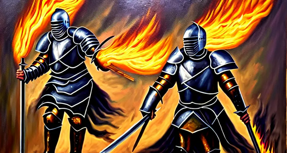 Image similar to An oil painting of a knight in dark metal armor wielding a flaming sword