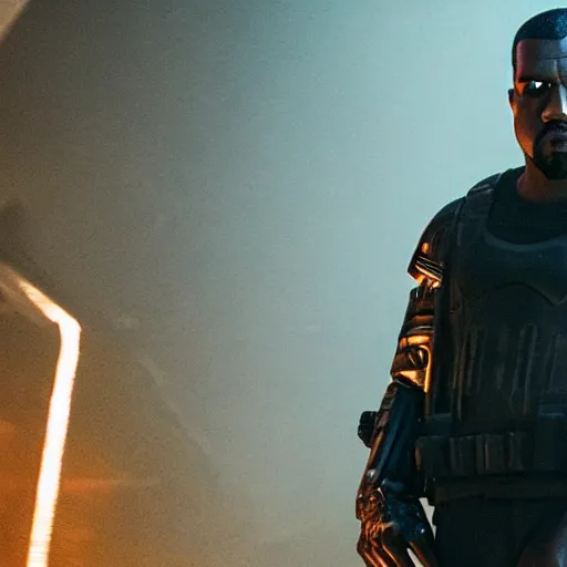 Image similar to Movie still of Kanye West as the Punisher, splash art, movie still, cinematic lighting, dramatic, octane render, long lens, shallow depth of field, bokeh, anamorphic lens flare, 8k, hyper detailed, 35mm film grain