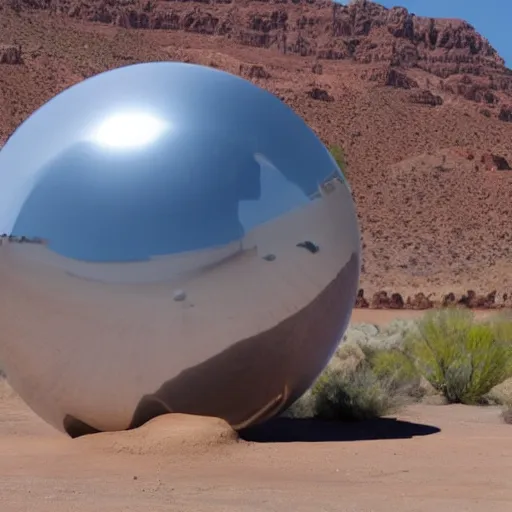 Image similar to a large metallic ball with a mirror finish sits in the arizona desert, photorealistic