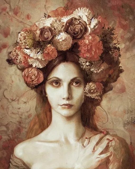 Image similar to a beautiful and eerie baroque painting of a beautiful but serious woman in layers of fear, with haunted eyes and dark hair piled on her head, 1 9 7 0 s, seventies, floral wallpaper, wilted flowers, morning light showing injuries, delicate ex embellishments, painterly, offset printing technique