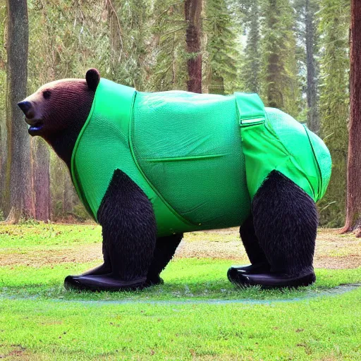 Prompt: big realistic bear standing on two legs, wearing big green bag backpack at his back, photo realistic, high detail, smooth