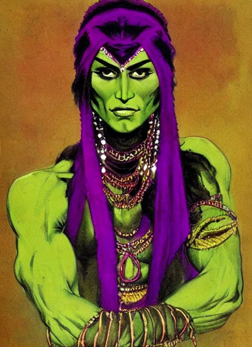 Image similar to portrait of muscular indian vampiress, jeweled veil, purple and green, strong line, saturated color, beautiful! coherent! by frank frazetta, high contrast, minimalism