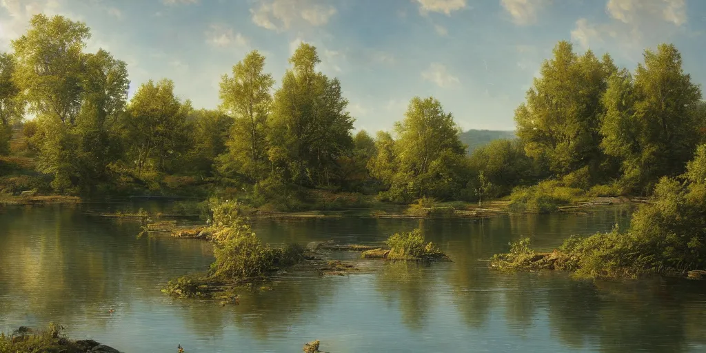 Prompt: a beautiful lake landscape in summer, by Ernest deutsch + Ted Nasmith, cinematic lighting, masterpiece, highly detailed, 8k resolution, trending on art station