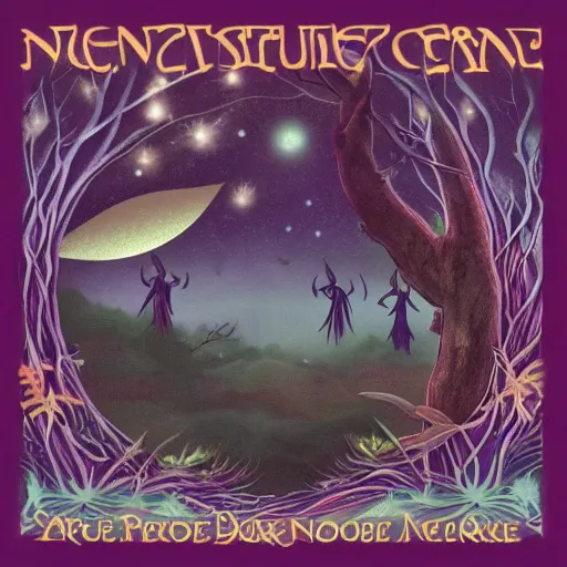 Image similar to a serene forest of faeries, beautiful double crescent moon in the night sky, album cover