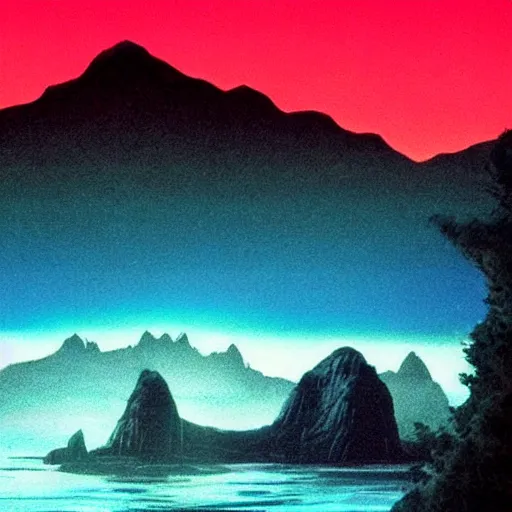 Image similar to 80s landscape photo, ET, goonies, retrowave, synthwave