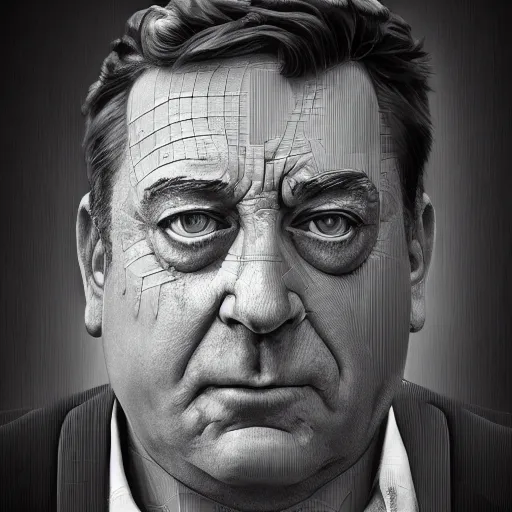 Image similar to hyperrealistic mixed media high resolution image of john goodman, sweating, stunning 3 d render inspired art by jamie salmon and istvan sandorfi and unreal engine and greg rutkowski, realistic flesh, dim volumetric lighting, 8 k octane beautifully detailed render, post - processing, extremely hyper - detailed, intricate, epic composition, highly detailed attributes, highly detailed atmosphere, cinematic lighting