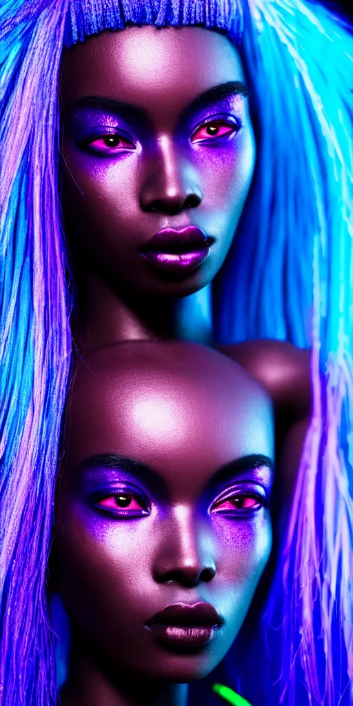 Image similar to hyperrealistic intricate close-up of beautiful african woman with purple hair and pearlescent blue skin james paick machiej kuciara dramatic neon lighting on one side 35mm shallow depth of field