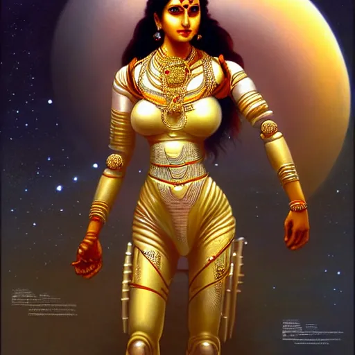 Image similar to Futuristic laxmi Indian Goddess in a robot spacesuit, sci-fi, fantasy, intricate, beautiful, elegant, attractive, indian goddess of wealth, highly detailed, digital painting, artstation, masterpiece, concept art, smooth, sharp focus, art by artgerm, hajime sorayama, William-Adolphe Bouguereau and greg rutkowski