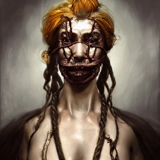 Image similar to portrait of a Shibari rope wrapped face and neck, headshot, insanely nice professional hair style, dramatic hair color, digital painting, of a old 17th century, old cyborg merchant, mouth wired shut, amber jewels, baroque, ornate clothing, scifi, realistic, hyper detailed, chiaroscuro, concept art, art by Franz Hals and Jon Foster and Ayami Kojima and Amano and Karol Bak,