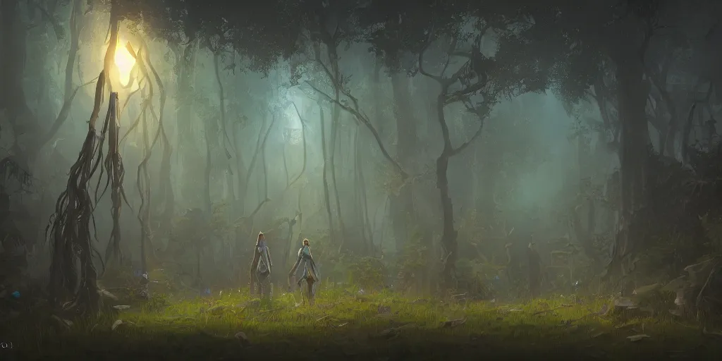 Image similar to reed people in futuristic spiritual mystical post apocalyptic forest by ron gilbert, dim painterly volumetric aquatic lighting, beautiful, crisp, artstation, highly detailed