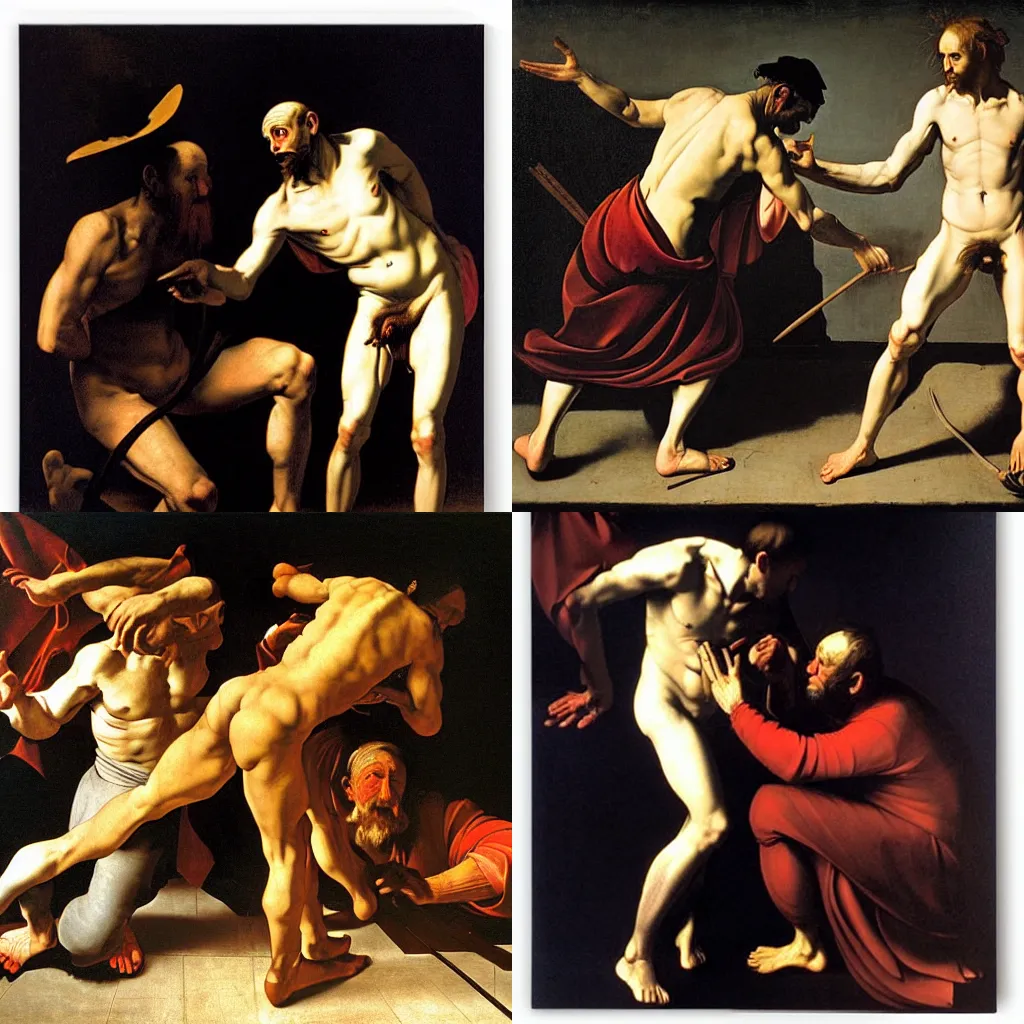 Prompt: man meeting the devil by Caravaggio