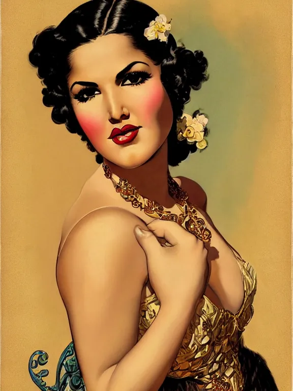 Image similar to sunny leone, a beautiful art nouveau portrait by Gil elvgren and Jim mahfood, 1920s city environment, centered composition, defined features, golden ratio, gold jewlery, photorealistic professional lighting, cinematic