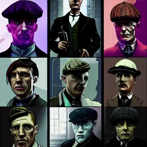 Image similar to Peaky Blinders as cyberpunk characters