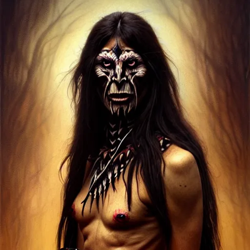 Image similar to evil native american skinwalker transformation, horror demon, heroic lighting, dark fantasy, intricate, elegant, highly detailed, lifelike, photorealistic, digital painting, artstation, illustration, concept art, smooth, sharp focus, art by John Collier and Albert Aublet and Krenz Cushart and Artem Demura and Alphonse Mucha