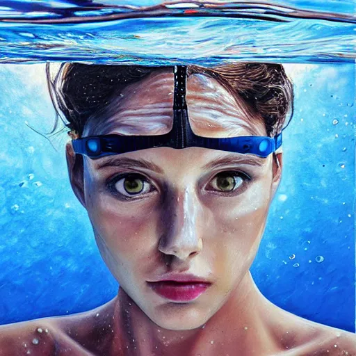 Prompt: hyperrealism oil painting, fashion model portrait underwater, swimming goggles