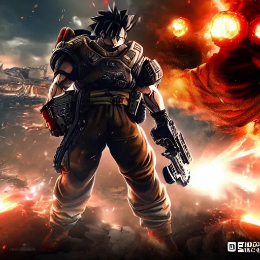 Prompt: goku in gears of war battlefield 5, splash art, movie still, cinematic lighting, dramatic, octane render, long lens, shallow depth of field, bokeh, anamorphic lens flare, 8 k, hyper detailed, 3 5 mm film grain