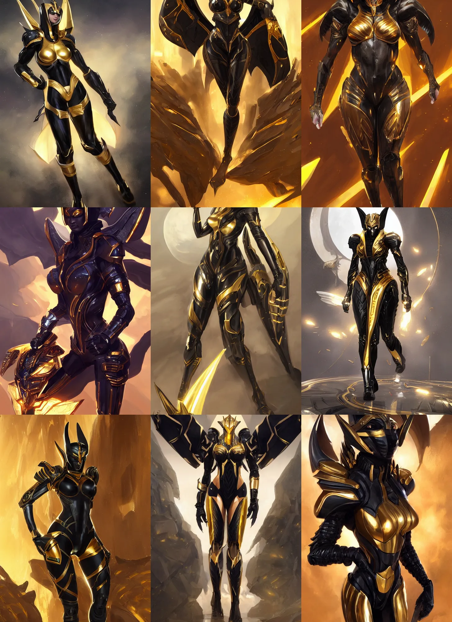 Prompt: female anubis wearing black and gold cybertech armor with jet wings, buxom, wide hips, character art by stanley artgerm lau, wlop, rossdraws, james jean, andrei riabovitchev, marc simonetti, and sakimichan, trending on artstation