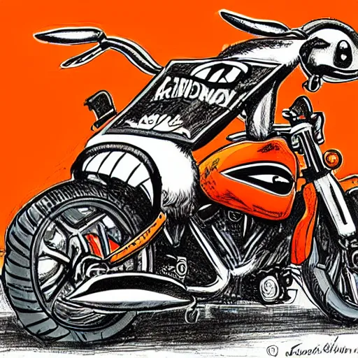 Image similar to a cartoon donkey, riding a harley - davidson motorcycle, orange and black, in the style of ed roth