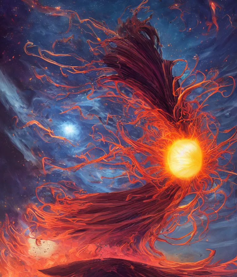 Prompt: impressive ominous cinematic fantastic realism comic book style painting of a spiraling exploding sun launching flowers across the dark cosmos, strange bouquets, lighting impressive masterpiece hyper ultra detailed intricate sharp focus 8 k realistic illustration canon eos r 3 fujifilm x - t 3 0 sony alpha, artgerm colorful!!!, trending on artstation behance cgsociety, octane render nvidia raytracing demo