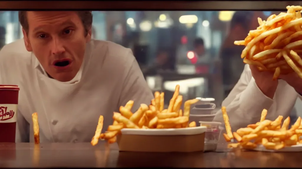 Image similar to the strange french fry creature at the fast food place, film still from the movie directed by denis villeneuve and david cronenberg with art direction by salvador dali, wide lens