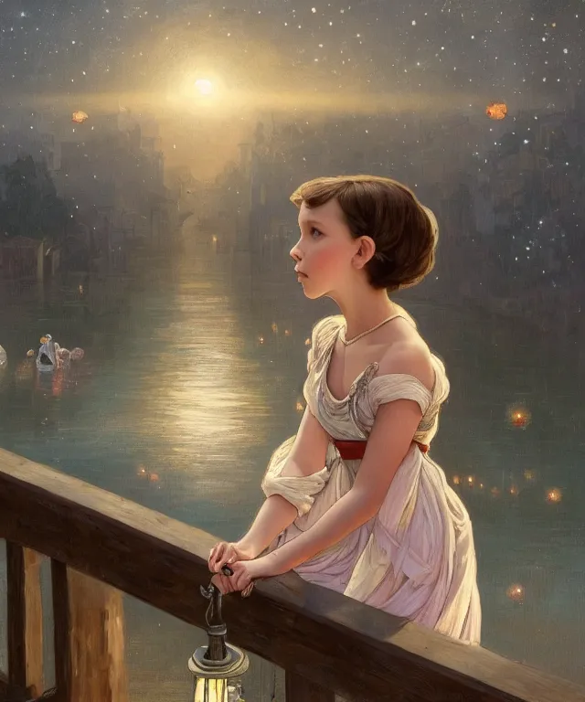 Prompt: a beautiful painting of a girl resembling millie bobby brown standing on a bridge, watching the view from the river of the lantern festival in a an ancient italian town, at night with a sky full of stars, intricate, elegant, highly detailed, digital painting, artstation, concept art, by krenz cushart and artem demura and alphonse mucha