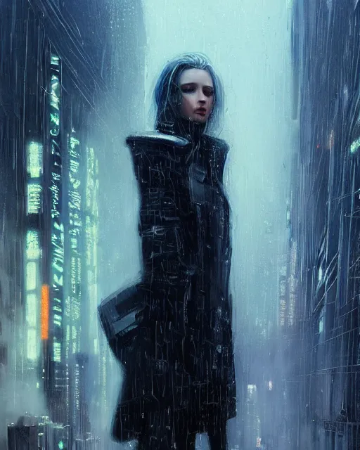 Prompt: detailed portrait bladerunner movie scene European Pretty Young Girl Storm Rain movie Jacket coat, Futuristic sci-fi fashion, royal attire by ismail inceoglu dragan bibin hans thoma greg rutkowski Alexandros Pyromallis Nekro Rene Margitte illustrated Perfect face, sharp chine, fine details, realistic shaded, fine-face, pretty face cyberpunk, neotokyo, synthwave, aesthetics, futuristic, low-emission-neon