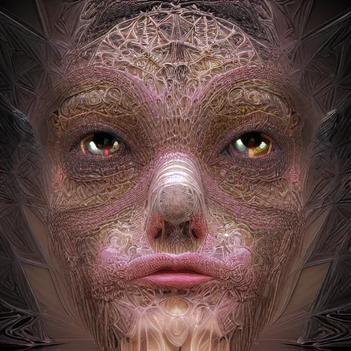 Image similar to beatifull frontal face portrait of a woman, 150mm, chromatic aberration, mandelbrot fractal, symmetric, intricate, elegant, highly detailed, ornate, ornament, sculpture, elegant , luxury, beautifully lit, ray trace, octane render in the style of peter Gric and alex grey